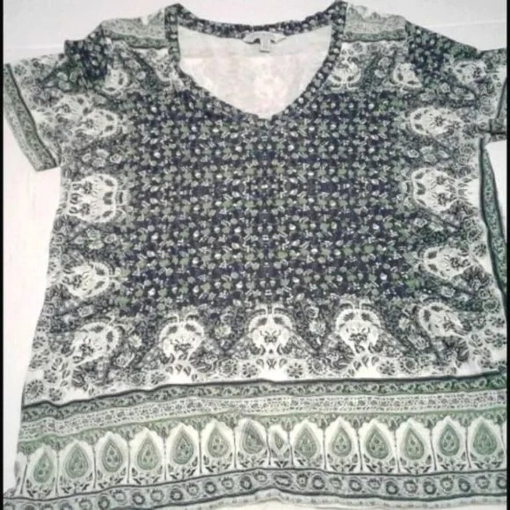 Lucky Brand Boho Navy & Green Floral Casual Lounging Short Sleeve Tee S
